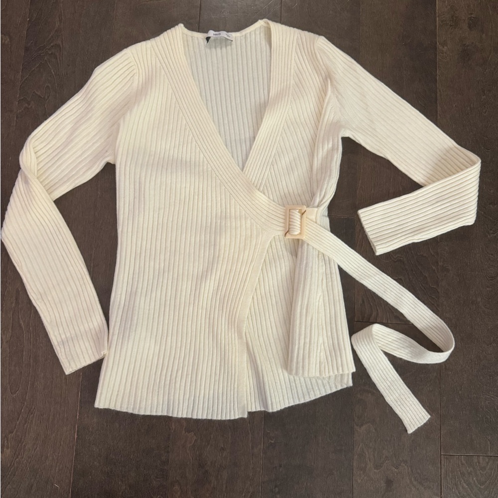 Mango Off-White Ribbed Belted Cardigan